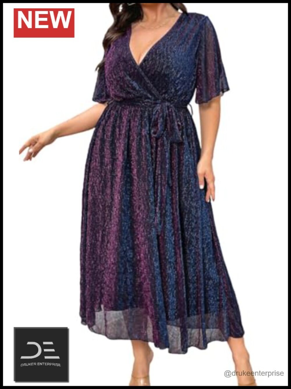Plus Size High Waist Sheer Sparkle Mesh Lace Bell Sleeve Party Tea Length Dress